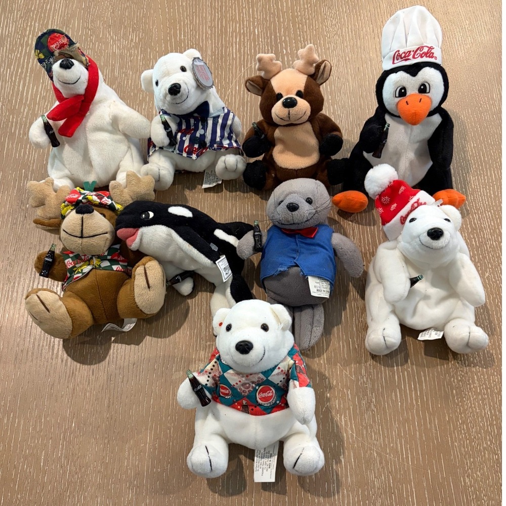 Lot of 9 Coca-Cola Plush Animals Polar Bears Penguin Moose Orca Seal Collection